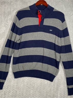 Vineyard Vines Sweater Mens Small Blue Gray Stripe Mock Neck Henley Cotton Knit